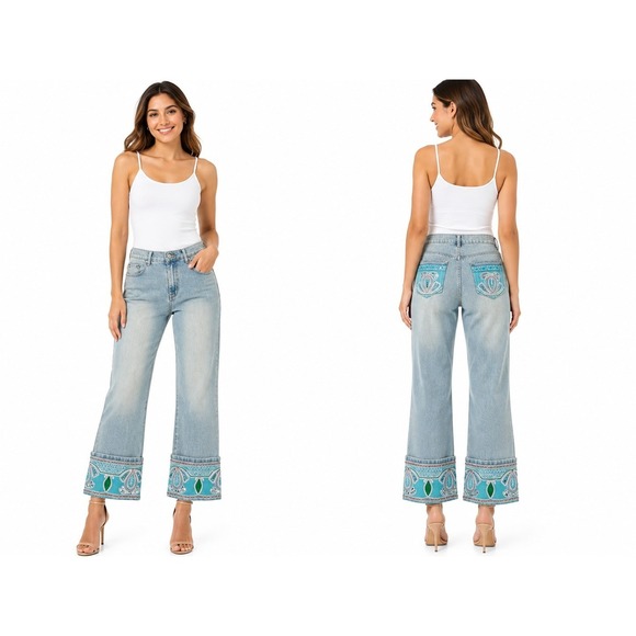 A.Z.I Denim - Z.I Jeans Wide Leg Cropped Light Wash Boho Paisley Hem High Rise Size 31